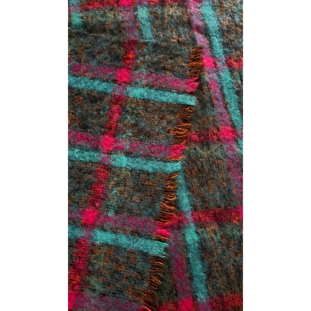 1980s Donegal Design Hand Woven Mohair Wool Plaid Scarf Ireland 60x70